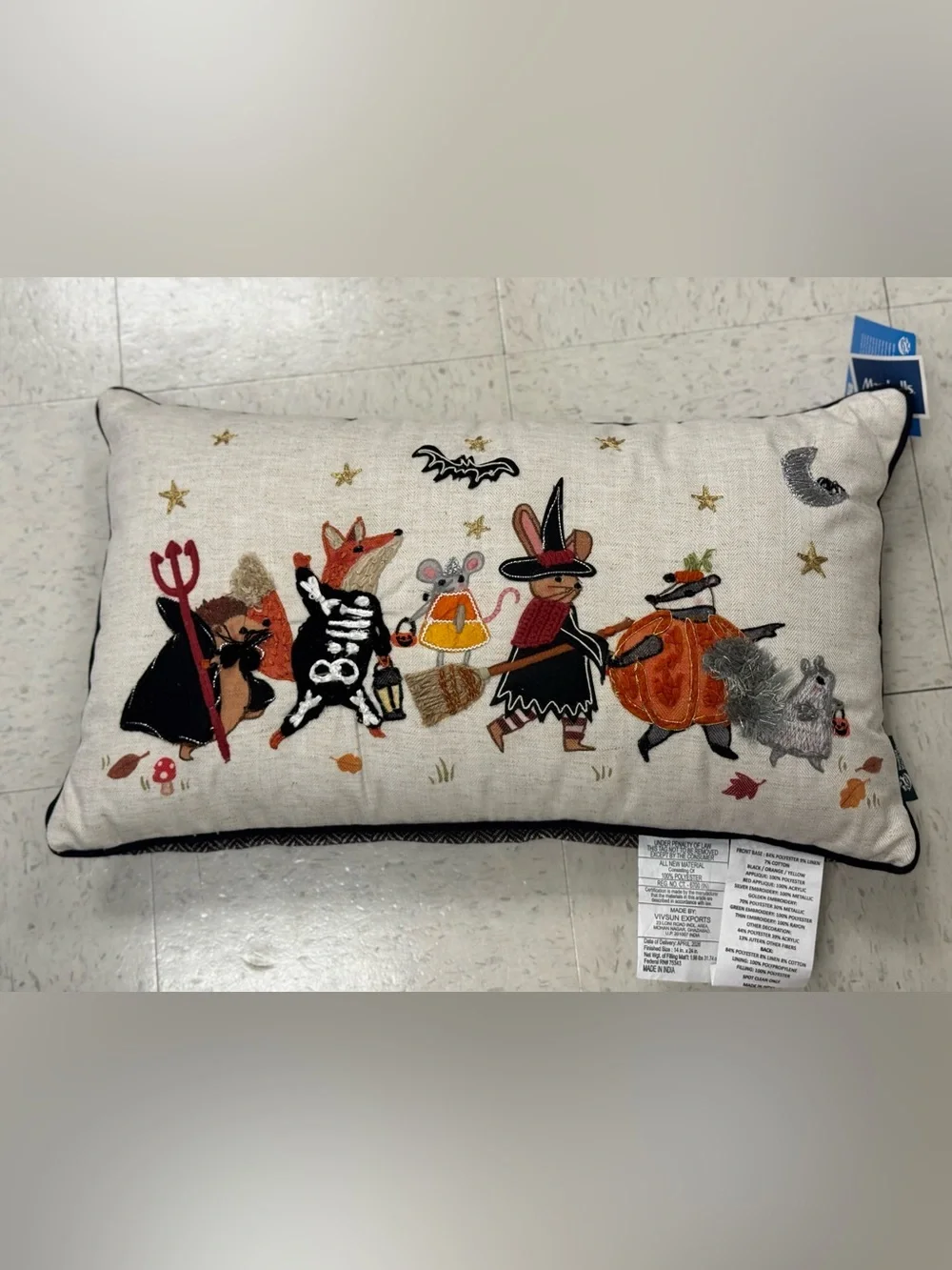 Halloween Parade Embroidered Decorative Pillow - White